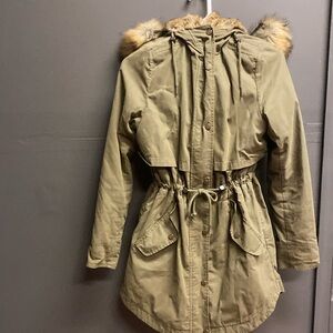 Parka London Woman Faux Fur Lined Coat Green Hooded Extra Small